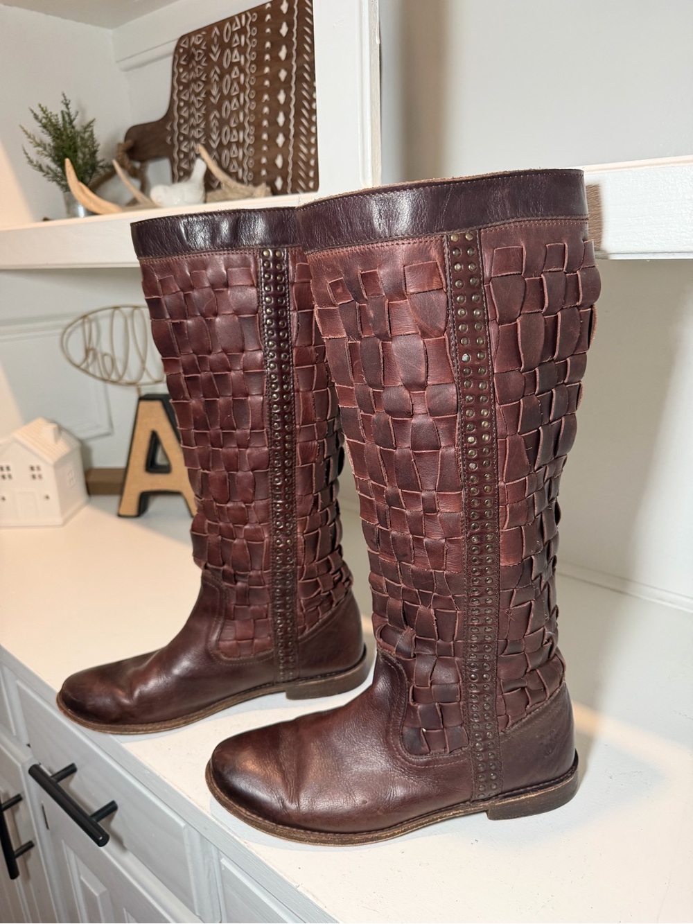Frye Womens 8B Brown Woven Leather Tall Riding Boots Studded Basket Weave